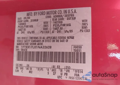 2001 Ford F-150 Lariat/Xl/Xlt z USA, uszkodzony, nr VIN 1FTRX17LX1NA32628